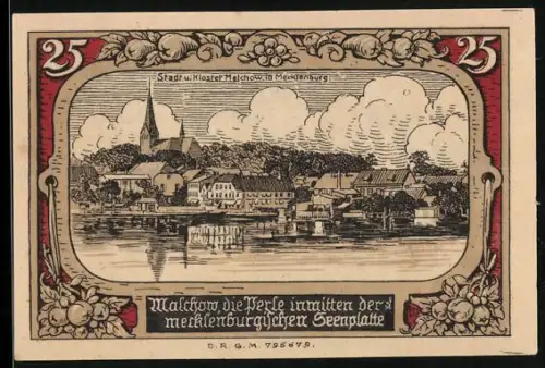 Notgeld Malchow i. M., 25 Pfennig, Ortsansicht mit Kirche und Fluss, Wappen mit Turm und Herz