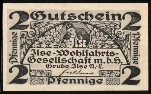 Notgeld Grube Ilse, 2 Pfennig, Bergmannsporträt und florale Ornamente