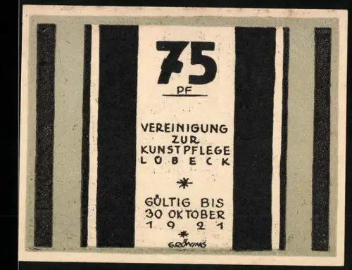 Notgeld Lübeck 1921, 75 Pf, Gebäude mit Bäumen und gotischen Fenstern