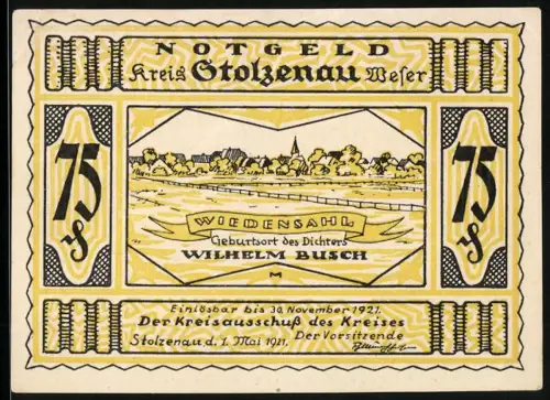 Notgeld Stolzenau /Weser, 75 Pfennig, Wilhelm Busch Geburtsort und humorvolle Szene