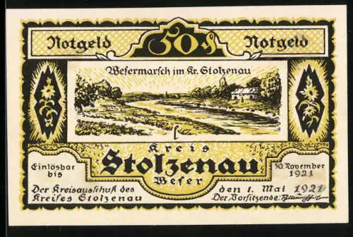 Notgeld Stolzenau 1921, 50 Pfennig, Landschaft Wesermarsch mit Gedicht von W. Busch