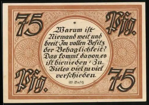 Notgeld Stolzenau /Weser 1921, 75 Pfennig, Kloster Loccum und Zitat von W. Busch