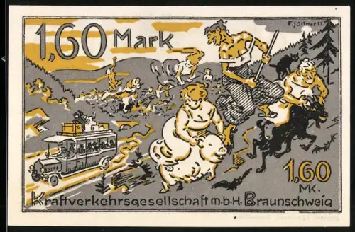 Notgeld Braunschweig 1921, 1,60 Mark, humorvolle Szene mit Bus und Fabelwesen im Wald