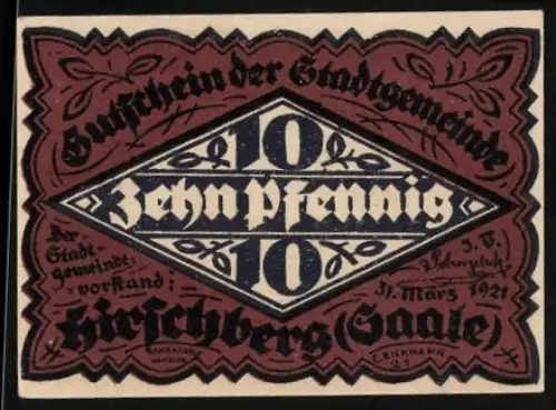 Notgeld Hirschberg /Saale 1921, 10 Pfennig, Burglandschaft und Pokal