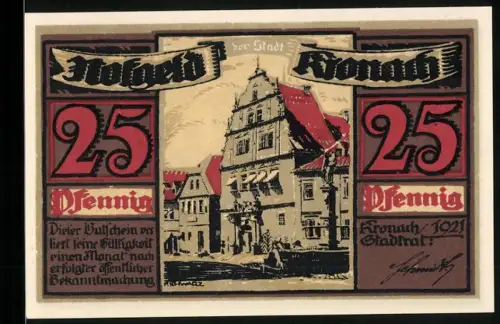 Notgeld Kronach 1921, 25 Pfennig, Ortsansicht und Wappen mit Figuren