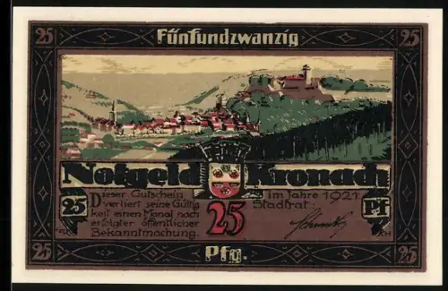 Notgeld Kronach 1921, 25 Pfennig, Ortsansicht und Wappen mit Figuren