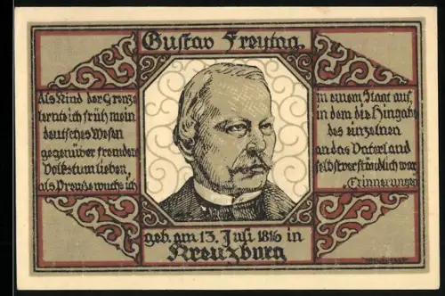Notgeld Kreuzburg i. Oberschlesien, 1 Mark, Porträt Gustav Freytag und Stadtwappen mit Burgmotiv