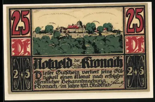 Notgeld Kronach 1921, 25 Pfennig, Ortsansicht und Wappen mit zwei Figuren