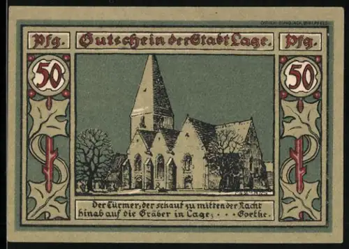 Notgeld Lage i. Lippe 1921, 50 Pfennig, Kirche und zwei Wappen