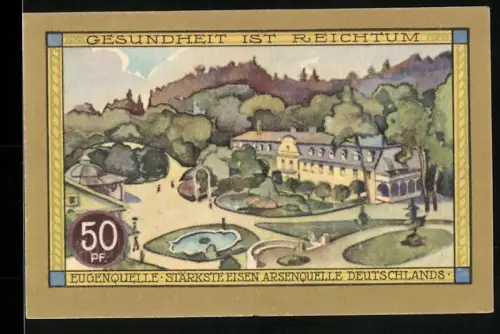 Notgeld Bad Kudowa i. Schl., 50 Pfennig, Eugeniusquelle und Parklandschaft, erstes Herz-Nerven-Heilbad des Ostens