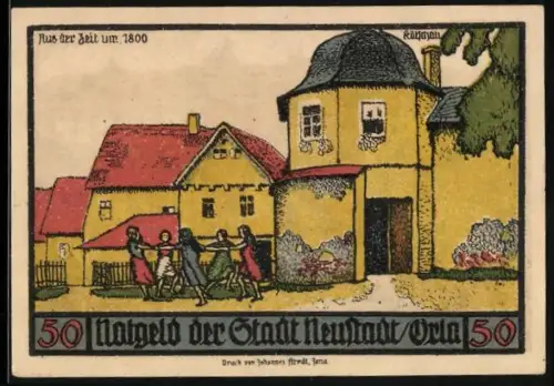 Notgeld Neustadt an der Orla 1921, 50 Pf., mittelalterliche Ortsansicht und Handwerkerembleme mit Wappen