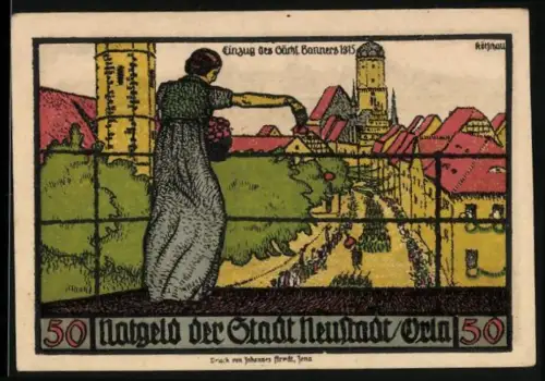 Notgeld Neustadt /Orla 1921, 50 Pfennig, Einzug des Graf. Banners 1815, Tuchmacher und Gerber Symbole