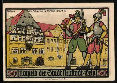 Notgeld Neustadt /Orla 1921, 50 Pfennig, Schweden und Ortsansicht 1640, Tuchmacher und Gerber, Wappen