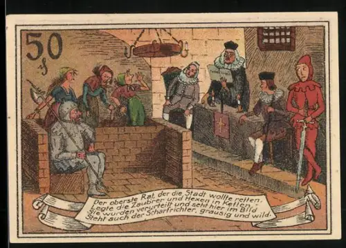 Notgeld Neustettin 1921, 50 Pf, Gerichtsszene mit Zauberern und Henker, Wappen mit Adler und Schwert