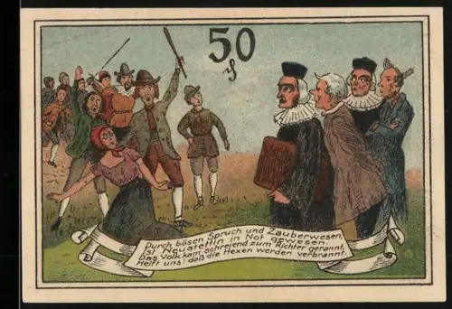 Notgeld Neustettin 1921, 50 Pf, Hexenprozess und Stadtwappen mit Adler