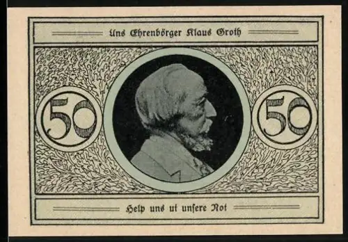 Notgeld Heide, 50 Pfennig, Klaus Groth Porträt und Siegel der Stadt Heide