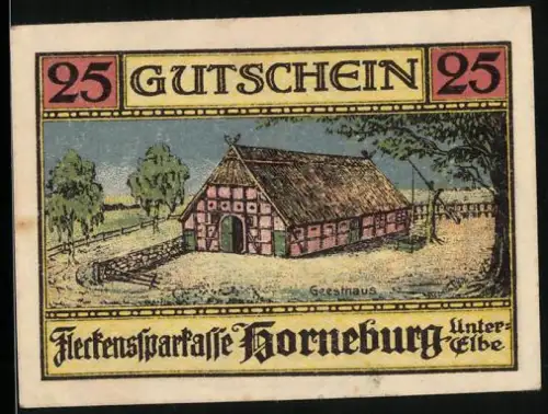 Notgeld Horneburg /Unter-Elbe 1921, 25 Pfennig, Gasthaus und Wappen von Horneburg