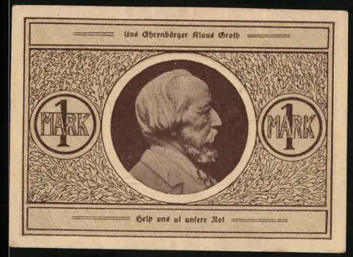 Notgeld Heide, 1 Mark, Klaus Groth Porträt und Stadtsiegel mit Wappen