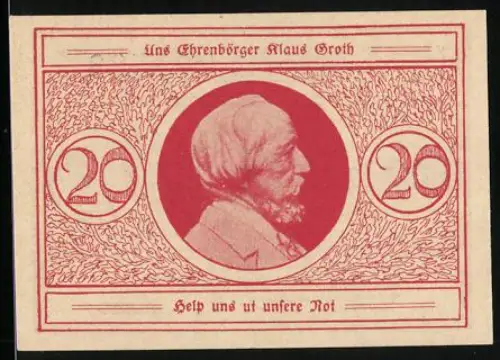 Notgeld Heide, 20 Pfennig, Ehrenbürger Klaus Groth Porträt und Stadtsiegel