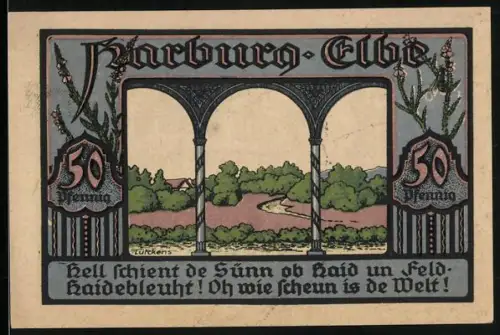 Notgeld Harburg /Elbe 1921, 50 Pfennig, Landschaft mit Arkaden und Gebäude der Kreissparkasse