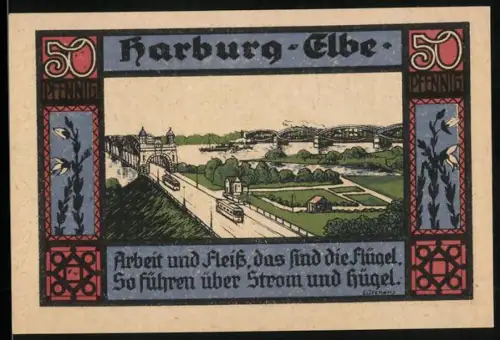 Notgeld Harburg /Elbe 1921, 50 Pfennig, Ortsansicht mit Brücke und Gebäude der Landeskirche Hannovers