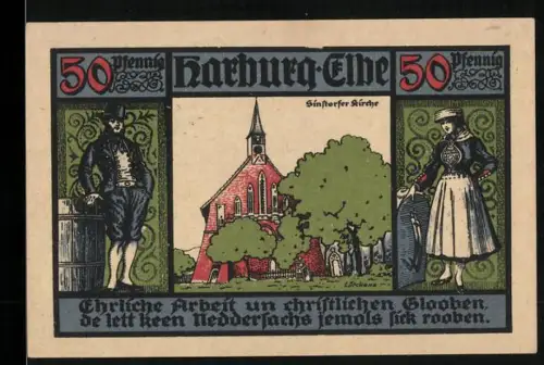 Notgeld Harburg /Elbe 1921, 50 Pfennig, Kirche und traditionelle Tracht, Gebäude der Kreissparkasse Harburg-Elbe