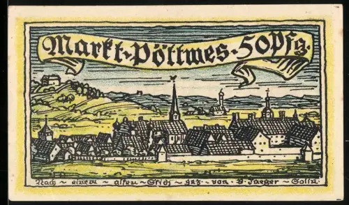 Notgeld Pöttmes 1921, 50 Pfennig, Ortsansicht und Wappen von Pöttmes