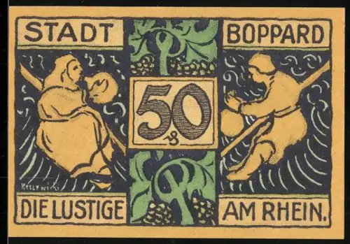 Notgeld Boppard /Rhein 1921, 50 Pfennig, tanzende Figuren und Brunnen mit Figur