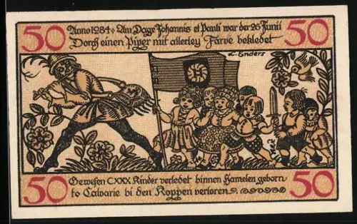 Notgeld Hameln a. d. Weser 1918, 50 Pfennig, Rattenfänger-Motiv mit Kindern und Ratten