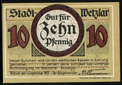 Notgeld Wetzlar 1920, 10 Pfennig, Industrieszene und Mikroskop