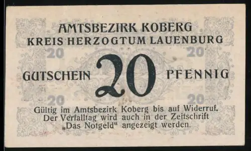 Notgeld Koberg 1921, 20 Pfennig, florale Muster und Seriennummer 16444