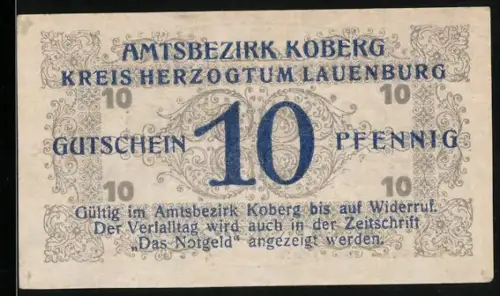Notgeld Koberg 1921, 10 Pfennig, floral ornamental Muster