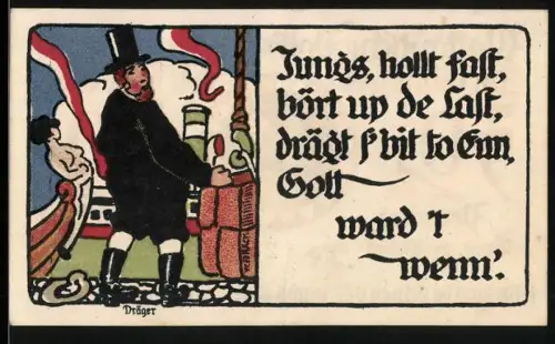 Notgeld Lübeck 1921, 50 Pfennig, Segelschiff und plattdeutscher Text