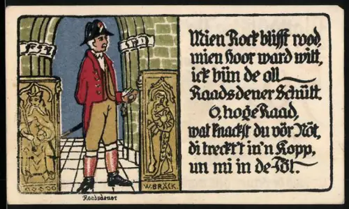 Notgeld Lübeck 1921, 50 Pfennig, Plattdeutsche Volksgill mit Segelschiff und Bürger in historischem Kostüm