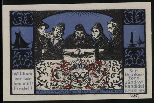 Notgeld Lübeck 1921, 75 Pfennig, Fischer und Dorfszene mit Versammlung und Wappen