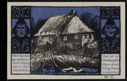 Notgeld Gothmund 1921, 50, Reetdachhaus und Fischer am Flussufer