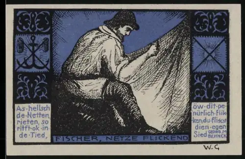 Notgeld Gothmund 1921, 50 Pf., Fischer bei der Arbeit und ländliche Szene mit Flusslandschaft