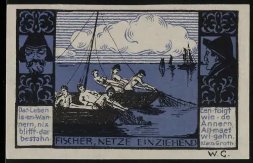 Notgeld Gothmund 1921, 50 Pf., Fischer bei der Arbeit mit Netzen und ländlicher Szene mit Menschen