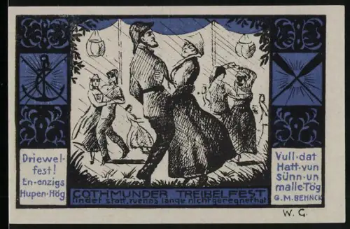 Notgeld Lübeck 1921, 50 Pf., Tanzendes Paar und Landschaft mit Fischern