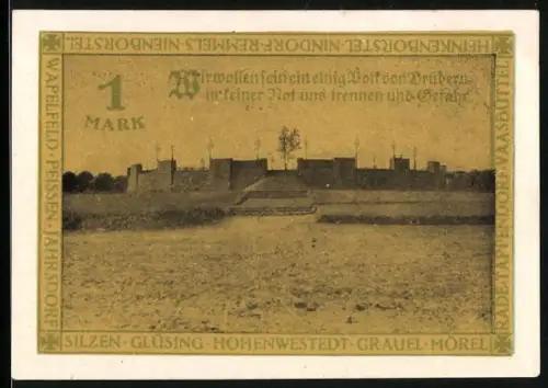 Notgeld Hohenwestedt 1921, 1 Mark, Einweihung des Ehrenmals mit Festungsansicht