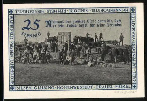 Notgeld Hohenwestedt 1921, 25 Pfennig, Arbeiter bei der Feldarbeit, Gedenktag des Ehrenmals des Kirchspiels