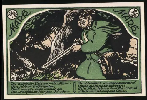 Notgeld Stuttgart 1921, 50 Pfennig, Wilderer mit Gewehr und Heideszene mit Kühen und Bäumen