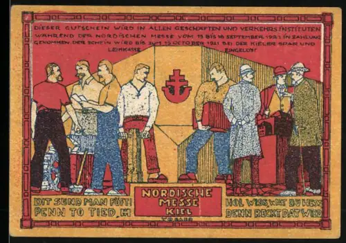 Notgeld Kiel 1921, 50 Pfennig, Nordische Messe mit Figuren und Schiffsmotiv