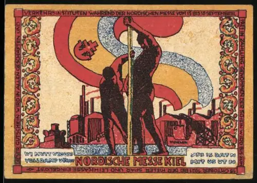 Notgeld Kiel 1921, 1 Mark, Nordische Messe mit Arbeitern und Industriekulisse