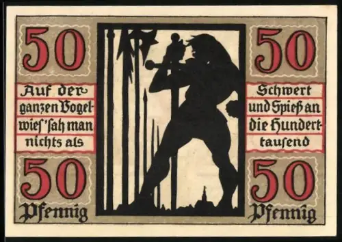 Notgeld Naumburg a. Saale 1920, 50 Pfennig, Silhouette eines Ritters und Kirschmotiv mit Wappen