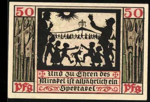 Notgeld Naumburg a. Saale 1920, 50 Pfennig, Silhouetten von Kindern und Feierlichkeiten, Wappen mit Schlüsseln
