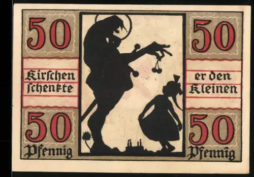 Notgeld Naumburg a. Saale 1920, 50 Pfennig, Silhouette mit Kirschbaum und Kind, Stadtwappen mit Schlüssel und Schwert