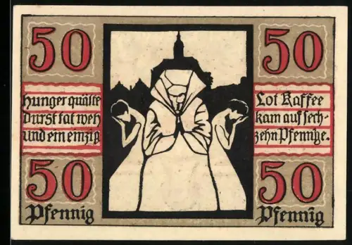 Notgeld Naumburg a. Saale 1920, 50 Pfennig, betende Gestalt und Stadtwappen mit Schlüssel und Schwert