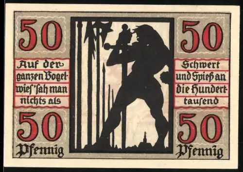 Notgeld Naumburg a. Saale 1920, 50 Pfennig, Silhouette eines Ritters und Stadtwappen mit gekreuzten Schlüsseln