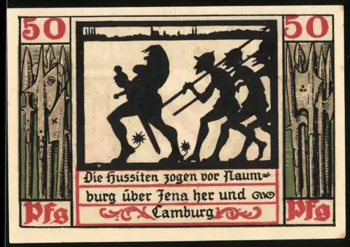 Notgeld Naumburg a. Saale 1920, 50 Pfennig, Hussitenzug mit Stadtwappen und Kirschmotiven